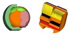 Computer models used to create the molds in which the plastic shape game pieces were made.  The image on the left is of the whole complex, the one on the right shows an internal surface.